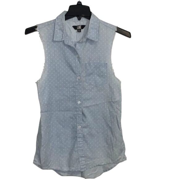 Sleeveless Polka Dot Button-Up Shirt By Lue Light Blue With Frayed Armholes M - Picture 1 of 10